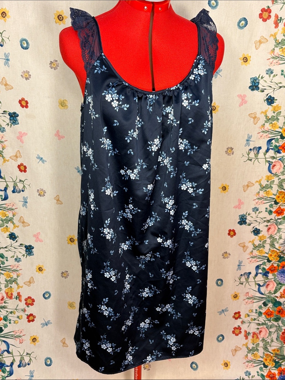 Ralph Lauren Navy Blue Floral Satin Chemise with Lace Straps